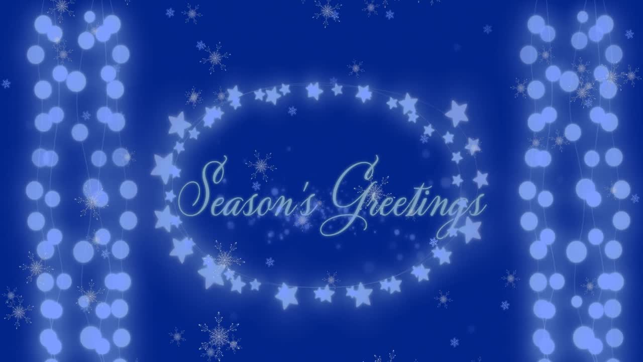 계절에 따라 떨어지는 눈알의 애니메이션 청색 배경에 인사 문자 및 요정 불빛