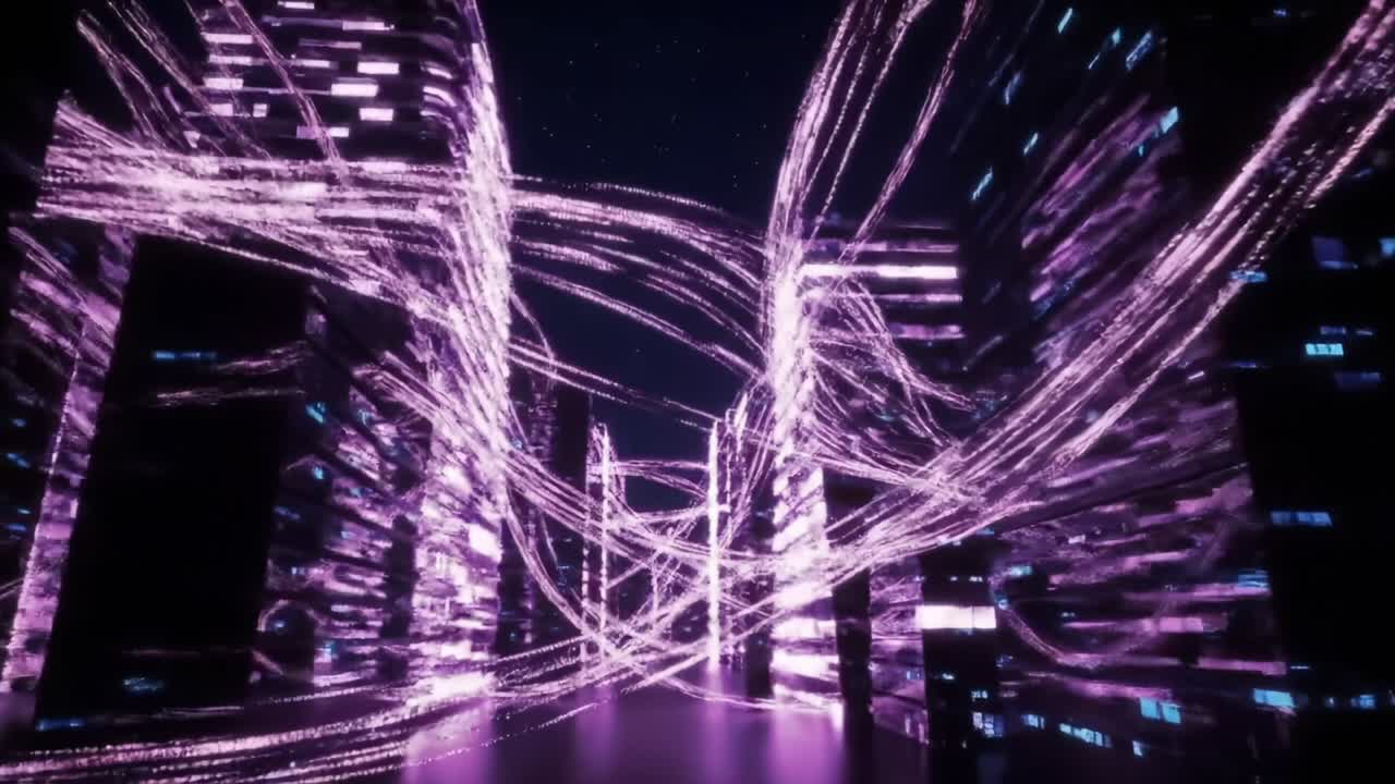 A Futuristic Cityscape Filled with Dynamic Light Trails and Digital Energy, Showcasing the Vibrant Interaction Between Structures and Technology in a Nighttime Environment