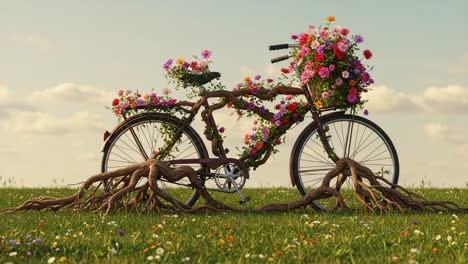 a vibrant bicycle transformed by nature's touch, blending flowers and roots to create a stunning display of life and beauty in a serene outdoor setting