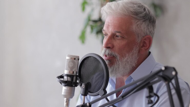 En mand optager en podcast eller et interview med en mikrofon i et lydstudie. En senior lydtekniker eller radiovært. En voksen gråhåret mand skaber lydindhold.