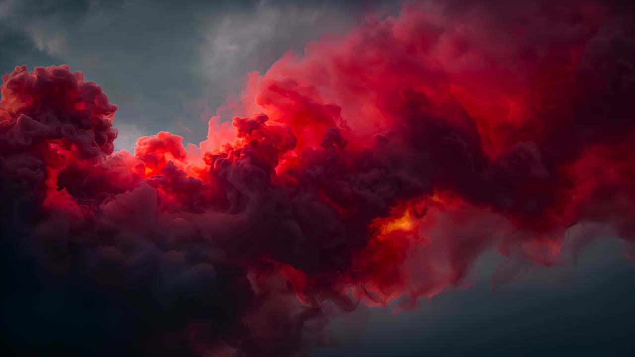 Large turbulent cloud plume shifting, darkening in high sky, backlight revealing red cores