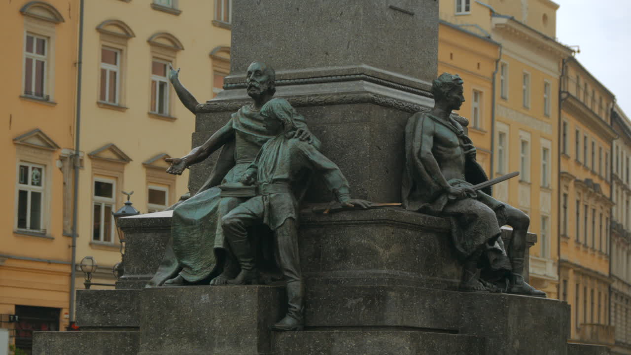 Close up of monument sculptures with historical yellow buildings in the background. Cracow Main Square, Poland. Adam Mickiewicz Statue Krakow.