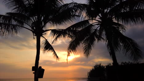 lapso de tiempo de hiper movimiento, puesta de sol en bali silueta de palmeras y gente disfrutando de la puesta de sol