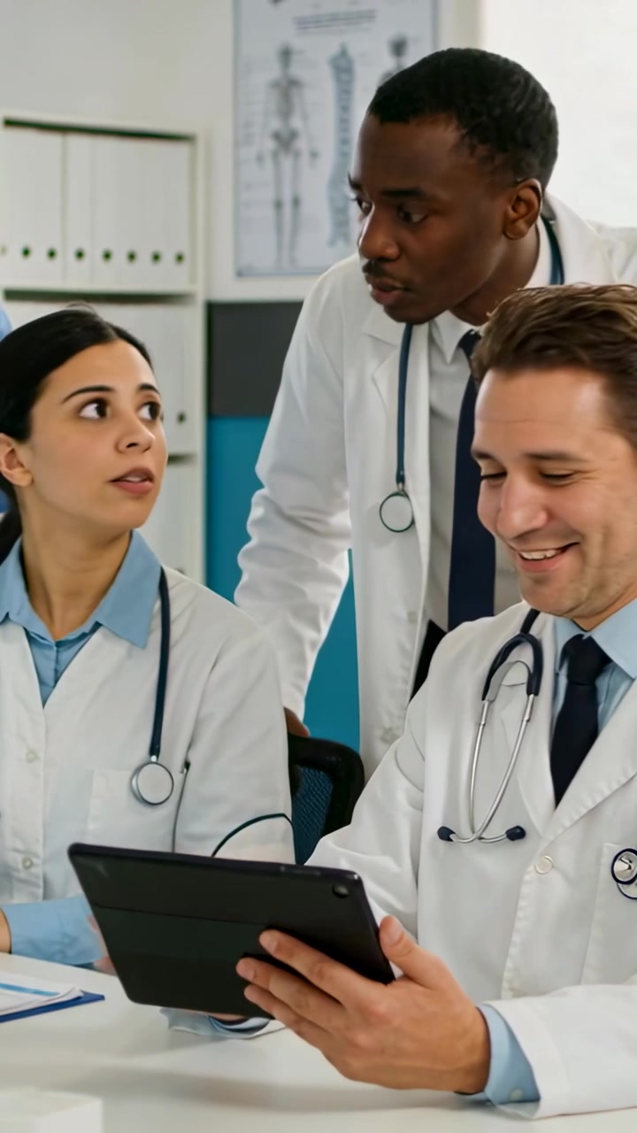 Vertical video: Showing tablet in clinic, seated doc in lab coat pointing while team reviewing case