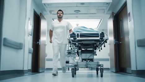 nurse pushing a patient stretcher in a hospital corridor