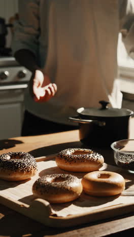 preparing homemade bagels in a sunny kitchen