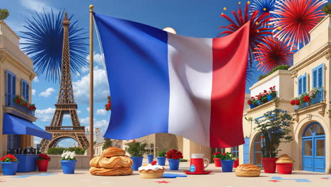 french flag and eiffel tower celebration with fireworks
