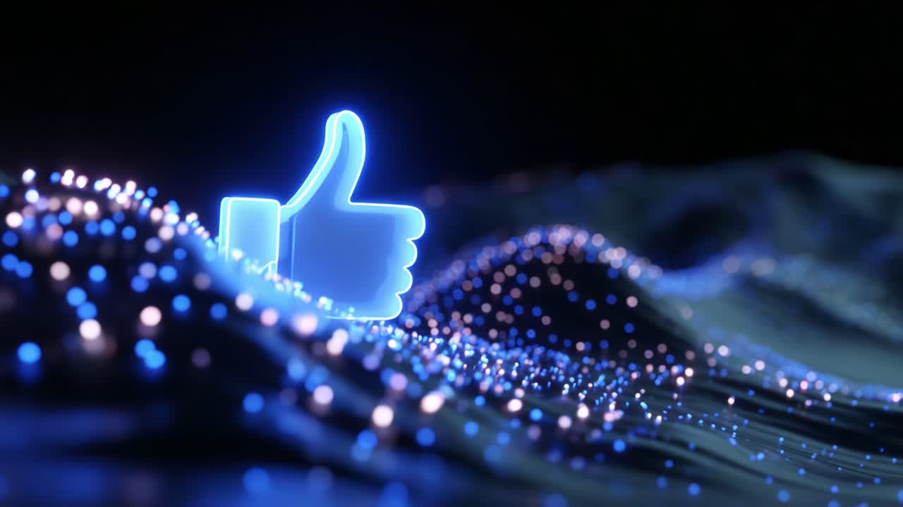 A luminous blue thumbs-up symbol stands out amidst a mesmerizing landscape of radiant dots and undulating waves, representing positivity and digital connection in a visually stunning way