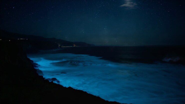 Eine steigende Flut verursacht biolumineszierende Wellen, die unter einem sternenklaren Himmel an der Küstenlinie pulsieren, mit Straßenlaternen