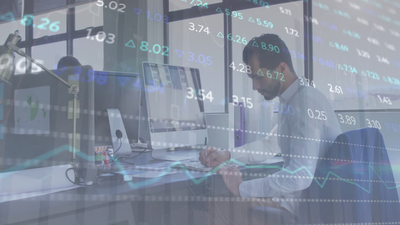 Animation of financial data processing over caucasian businessman in office