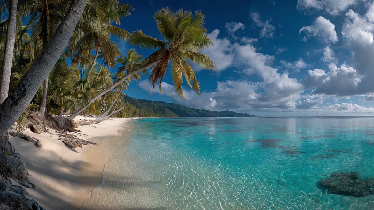 A Serene Tropical Beach Scene with Palm Trees Framing Crystal Clear Waters and a Picturesque Sky, Perfect for Relaxation and Escape into Nature's Beauty