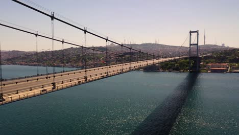 15 july martyrs bridge, bosphorus bridge from sky aerial view. istanbul turkiye.