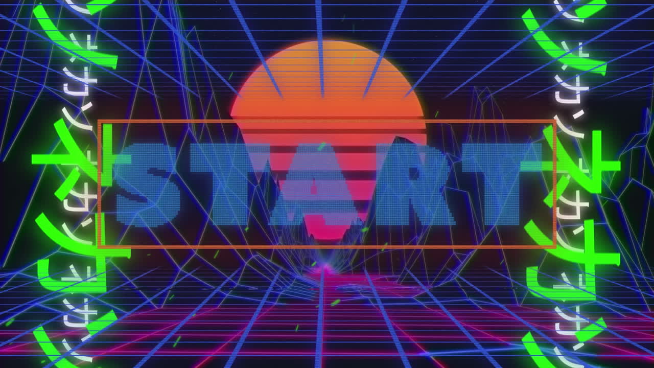 animación del texto de inicio y el idioma japonés sobre montañas 3d y sol sobre fondo negro