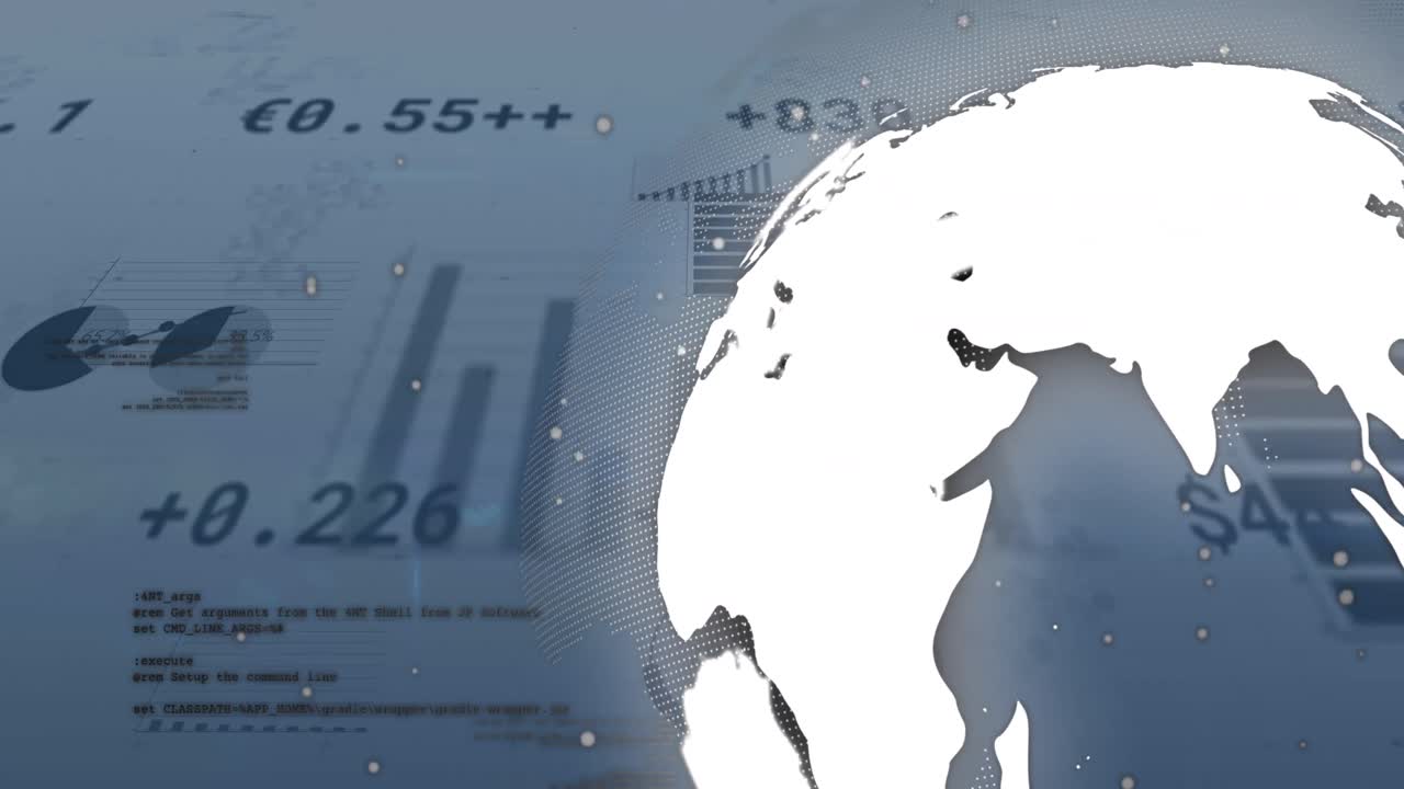 Animation of white spots and spinning globe over statistical data processing on grey background