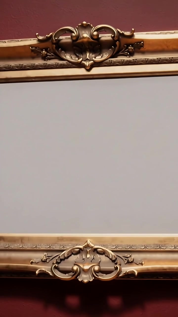 Video verticale: La telecamera si allontana mostrando una cornice dorata e ornata su una parete rossa, esponendo il retro grigio.