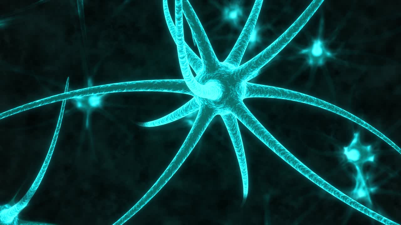 las células neuronales de neón en el fondo negro. animación lopable 4k