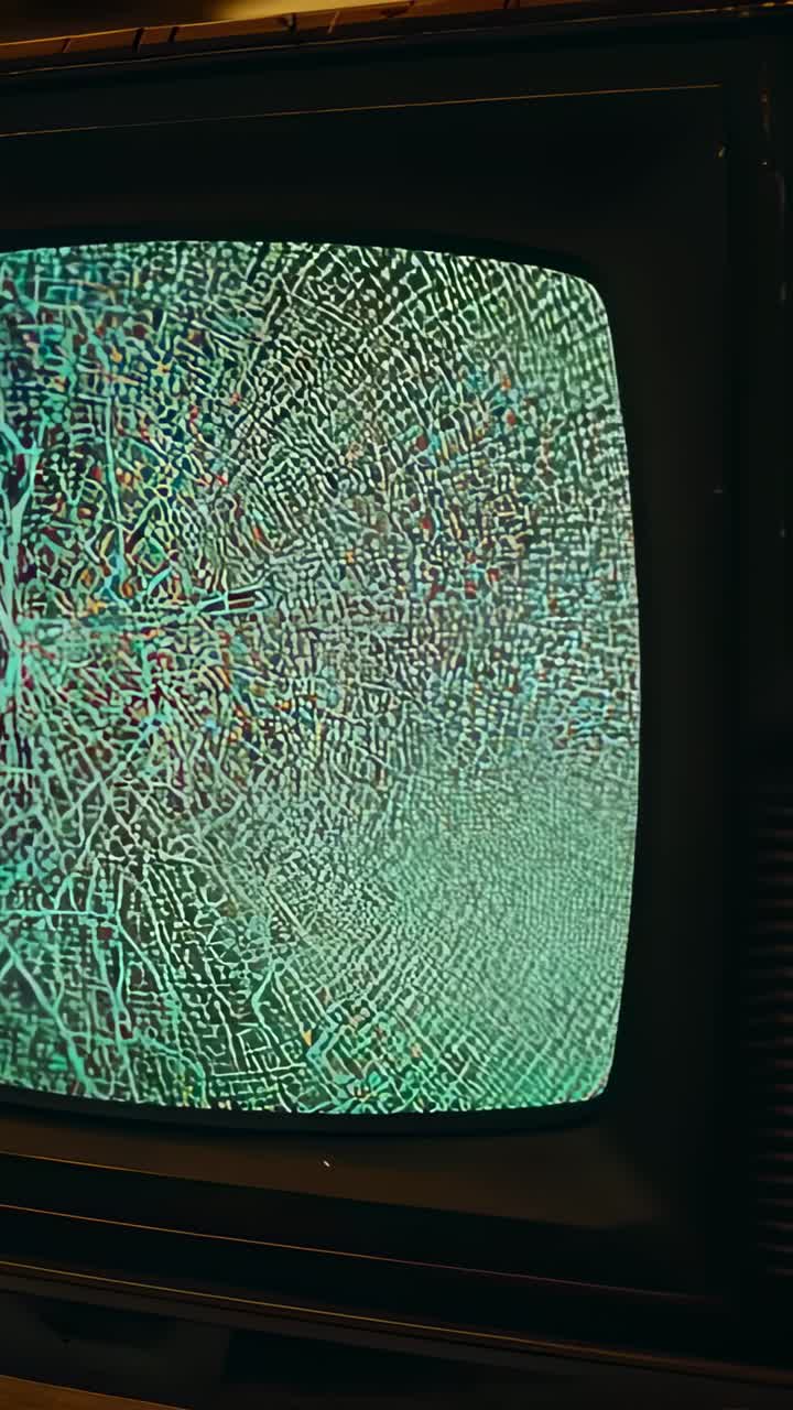 Vertical video: Showing CRT set, glitch causing crackly bands and scanlines on wood cabinet, bezel