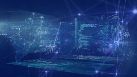 animation of data processing and network of connections on blue background
