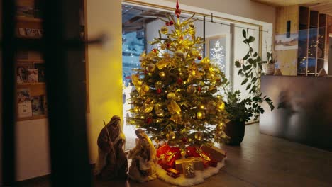 european christmas tree in a hotel lobby