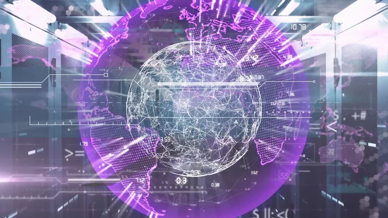 연결된 점, 글로브, 기호 및 막대기의 애니메이션이 서버  ⁇ 에서 배경에 있습니다.