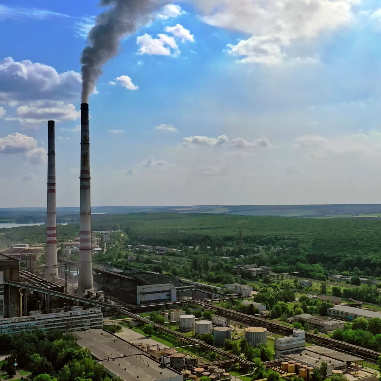 Industrial territory among nature. Factory with pipes against blue sky. Dark smoke goes from industrial pipe. Panoramic view of manufacturing on nature background.