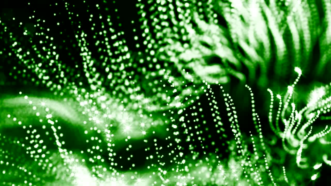 3d рендеринг цикла анимации светящихся частиц образуют колеблющиеся линии, как качающийся гирлянд, как праздничный фон или абстрактный фон частиц с глубиной поля и боке, как цикл vj. зеленый 1