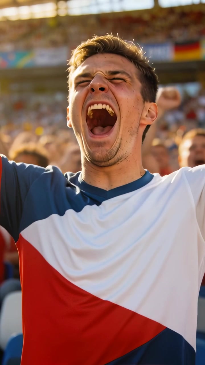 Video verticale: Tifoso che reagisce alzando le mani per un gol, urlando, sorridendo sugli spalti, maglietta, bandiera tedesca