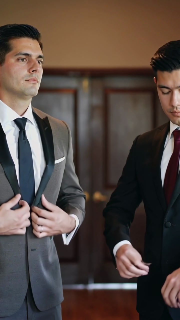 Vertical video: Adjusting ties and jackets, two men prepping for formal event in warm dressing room