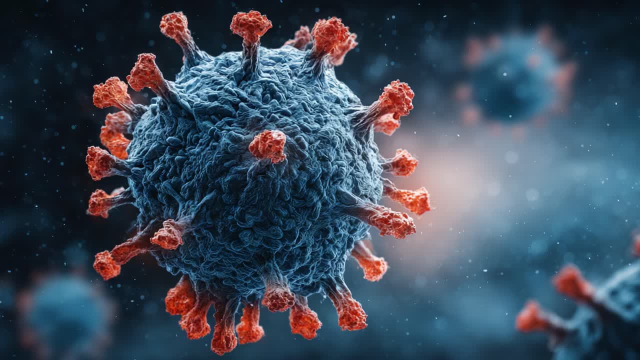Detailed Visualization of a Virus Particle, Highlighting its Structure and Surface Proteins, Essential for Understanding Viral Mechanics and Infection Processes