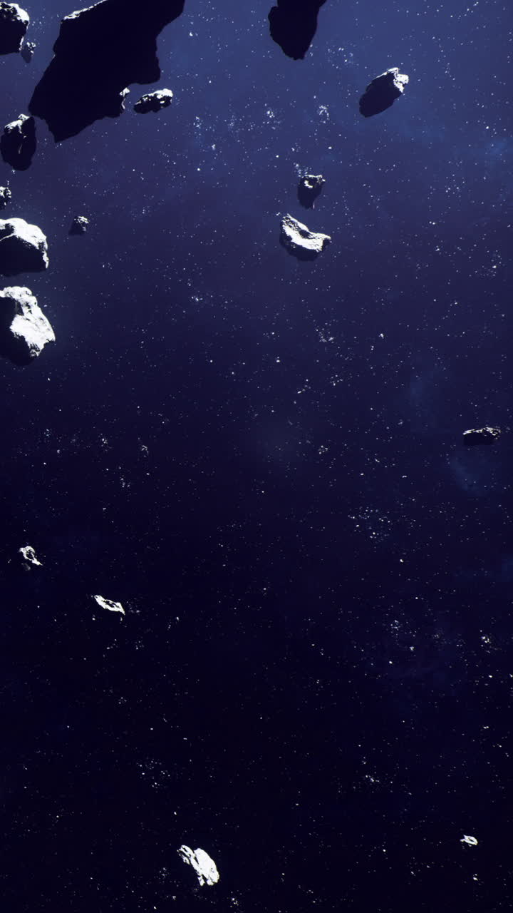 Asteroids floating in space during a dark cosmic scene