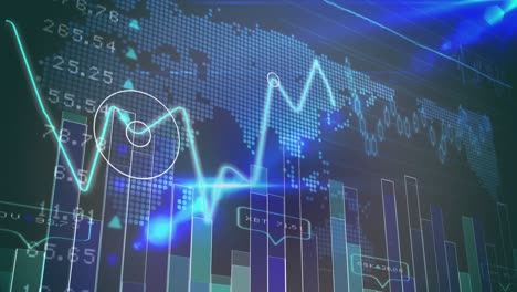 Animación-Del-Procesamiento-De-Datos-Estadísticos-Y-Bursátiles-Sobre-El-Mapa-Mundial-Sobre-Fondo-Azul