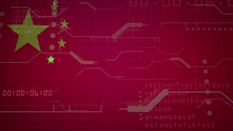 animation of computer circuit board with data processing and flag of china