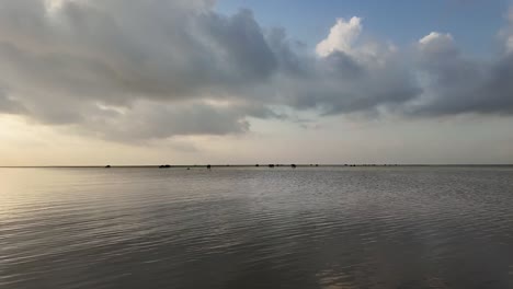 Buffaloes-in-the-distance-at-Dusk-on-Thale-Noi's-Glassy-Waters,-Thailand