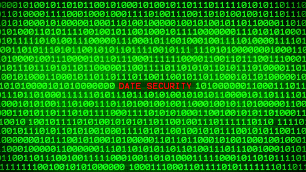 DATE SECURITY Word Revealing on Wall of Green Binary Code  Between Random Binary Data Matrix Background