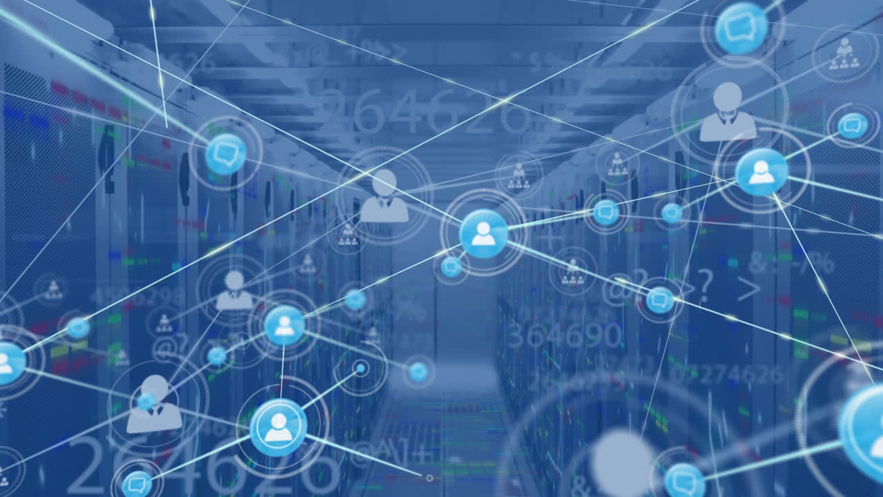 컴퓨터 서버를 통해 디지털 아이콘과 숫자를 가진 연결 네트워크의 애니메이션