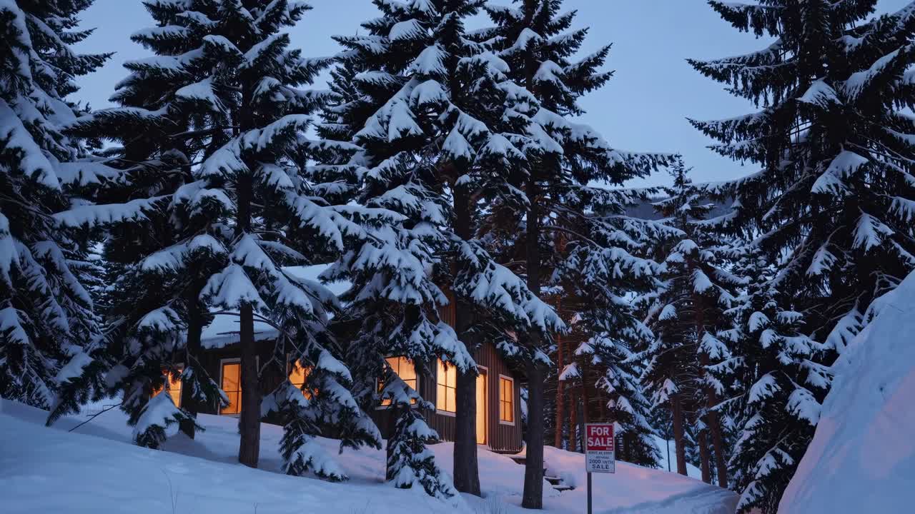 Warm light glowing from windows of cozy winter cabin nestled among snow covered pine trees, creating an idyllic and inviting scene at dusk with a for sale sign indicating availability for purchase