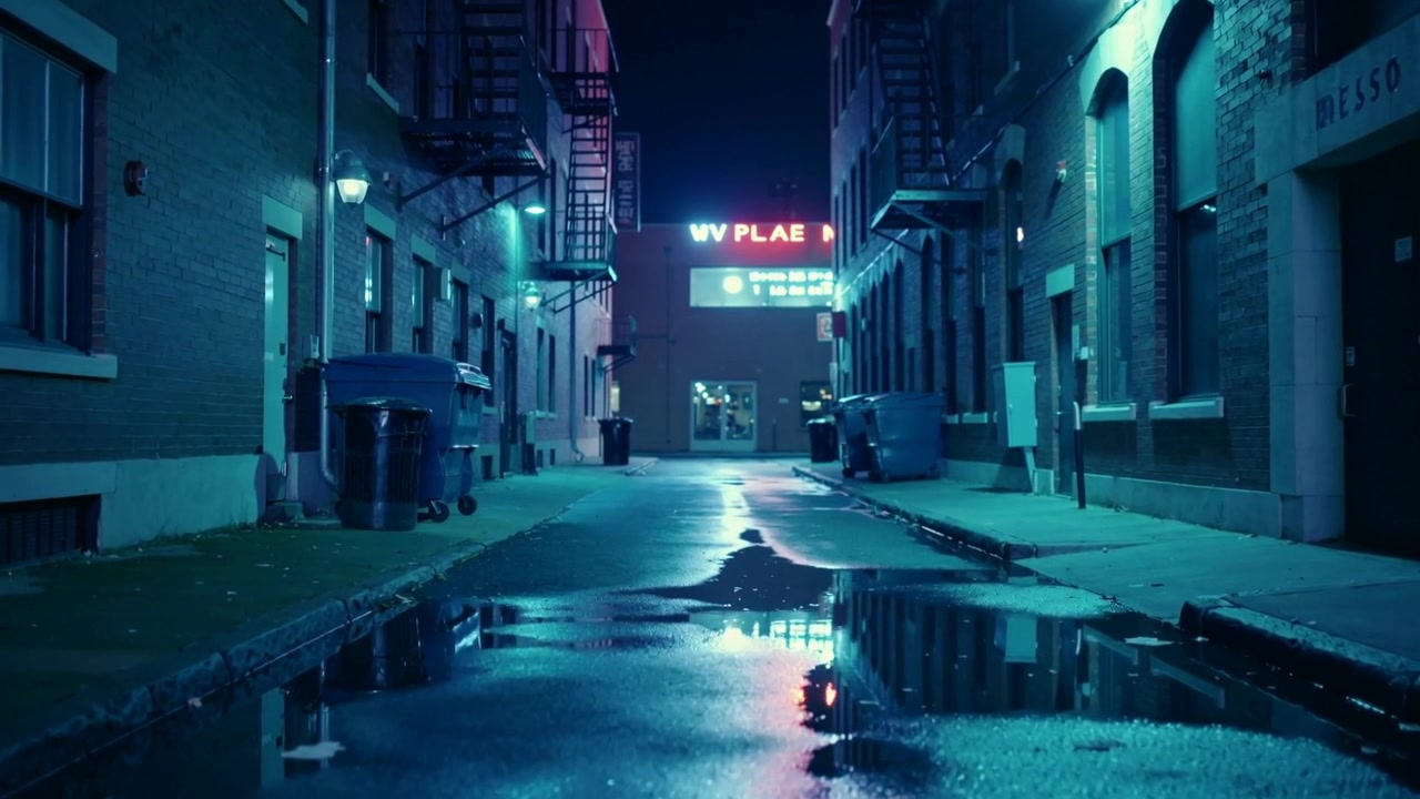 Telecamera a bassa angolazione che panoramica lungo un vicolo urbano, portando pozzanghere riflettenti nel fuoco di un'insegna al neon.