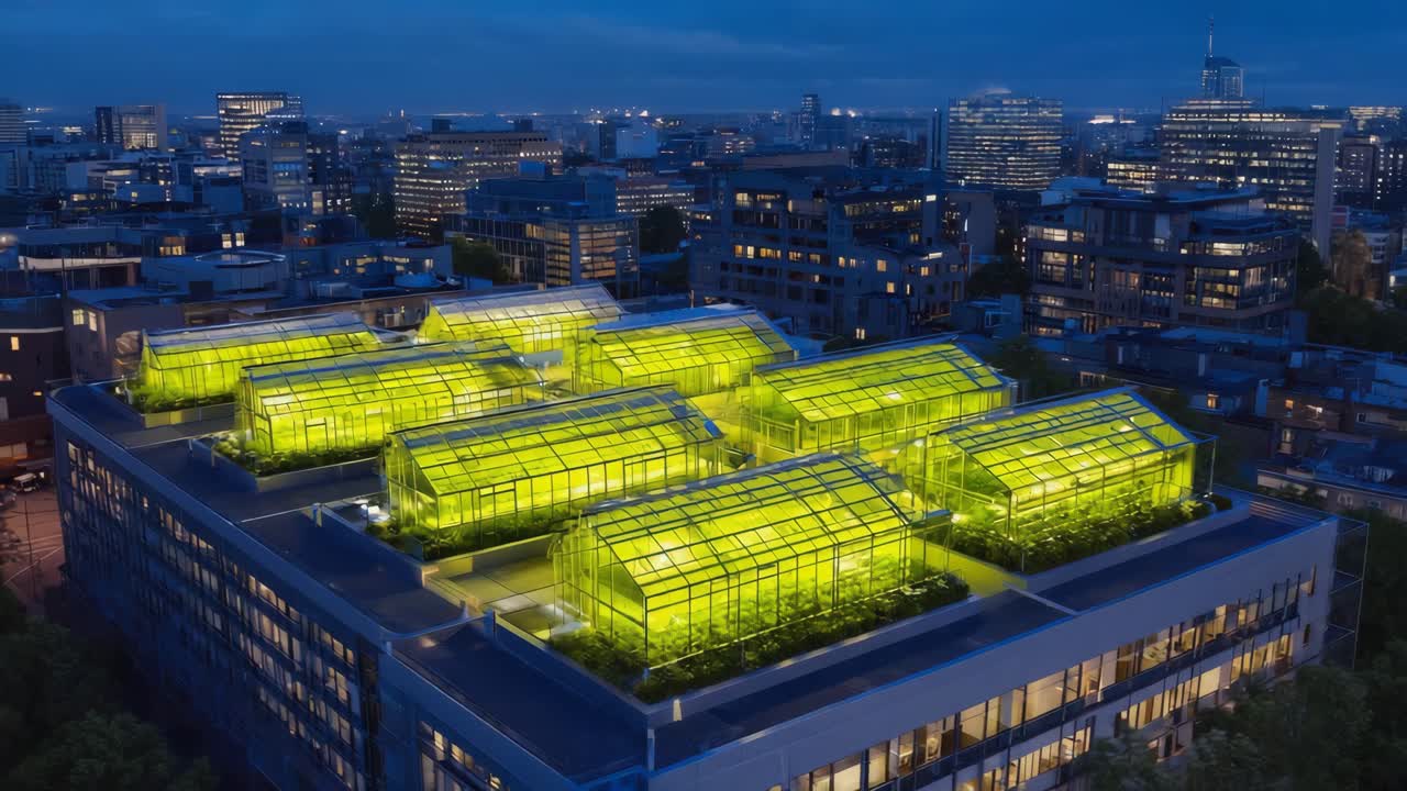 Rooftop Greenhouses Illuminate Urban Landscape at Night