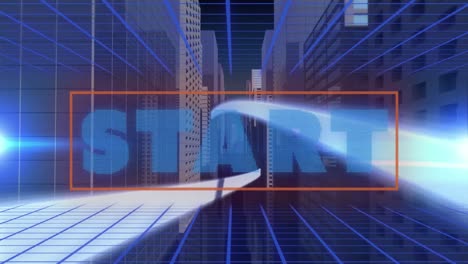 Digital-animation-of-start-text-banner-against-blue-light-trails-over-3d-city-model