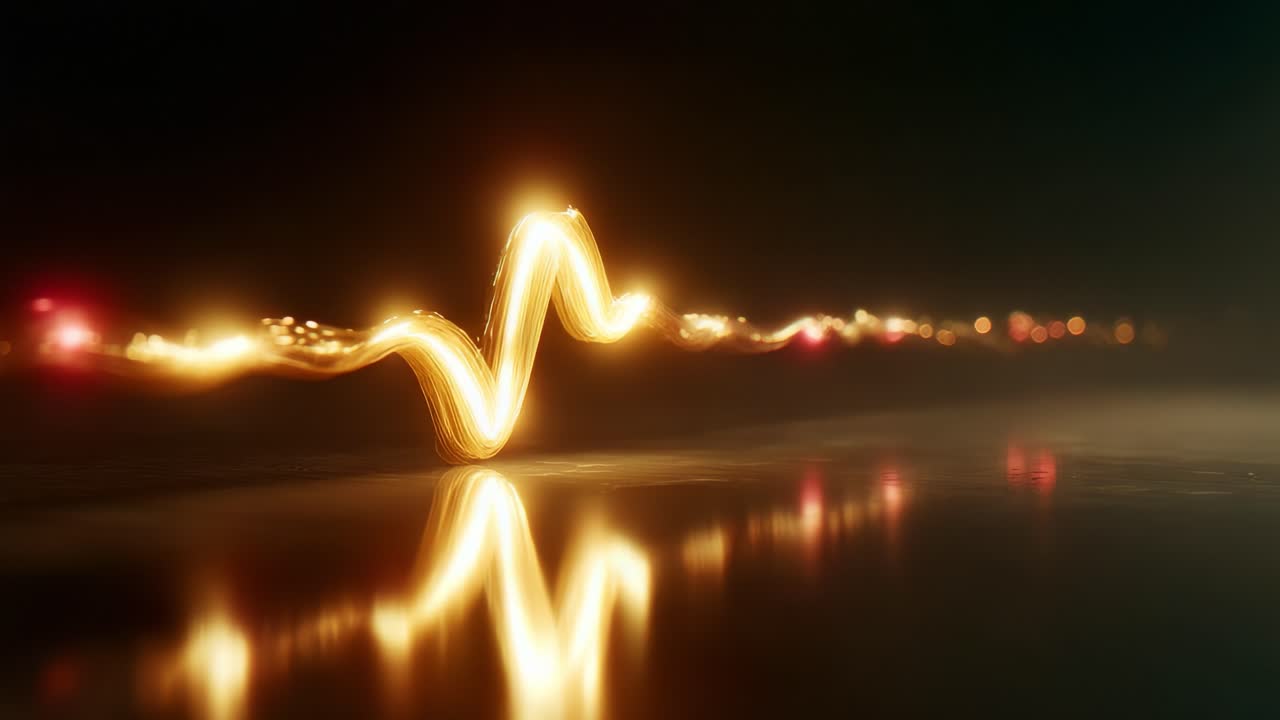 A mesmerizing visual representation of sound waves, showcasing shimmering lights and reflections that illustrate the rhythm and harmony of music in a captivating digital landscape