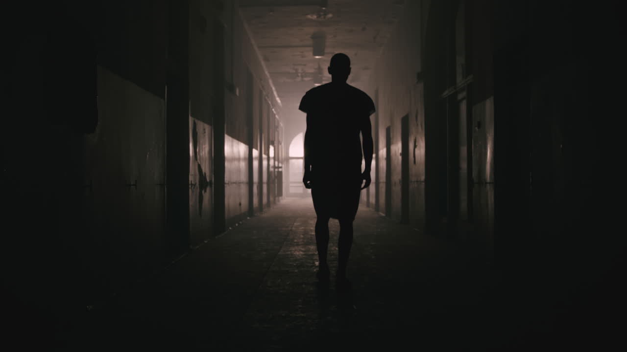 A bald man walks on the empty hospital corridor at night