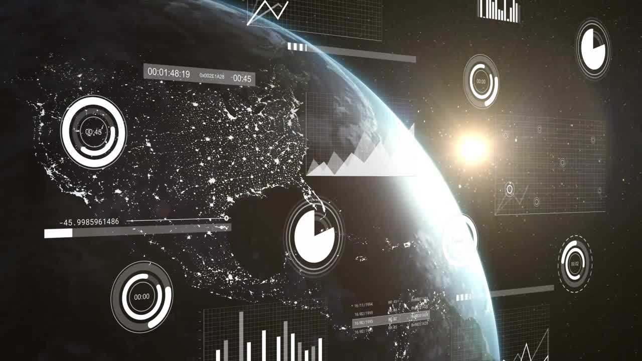 анимация обработки финансовых данных по всему миру на темном фоне