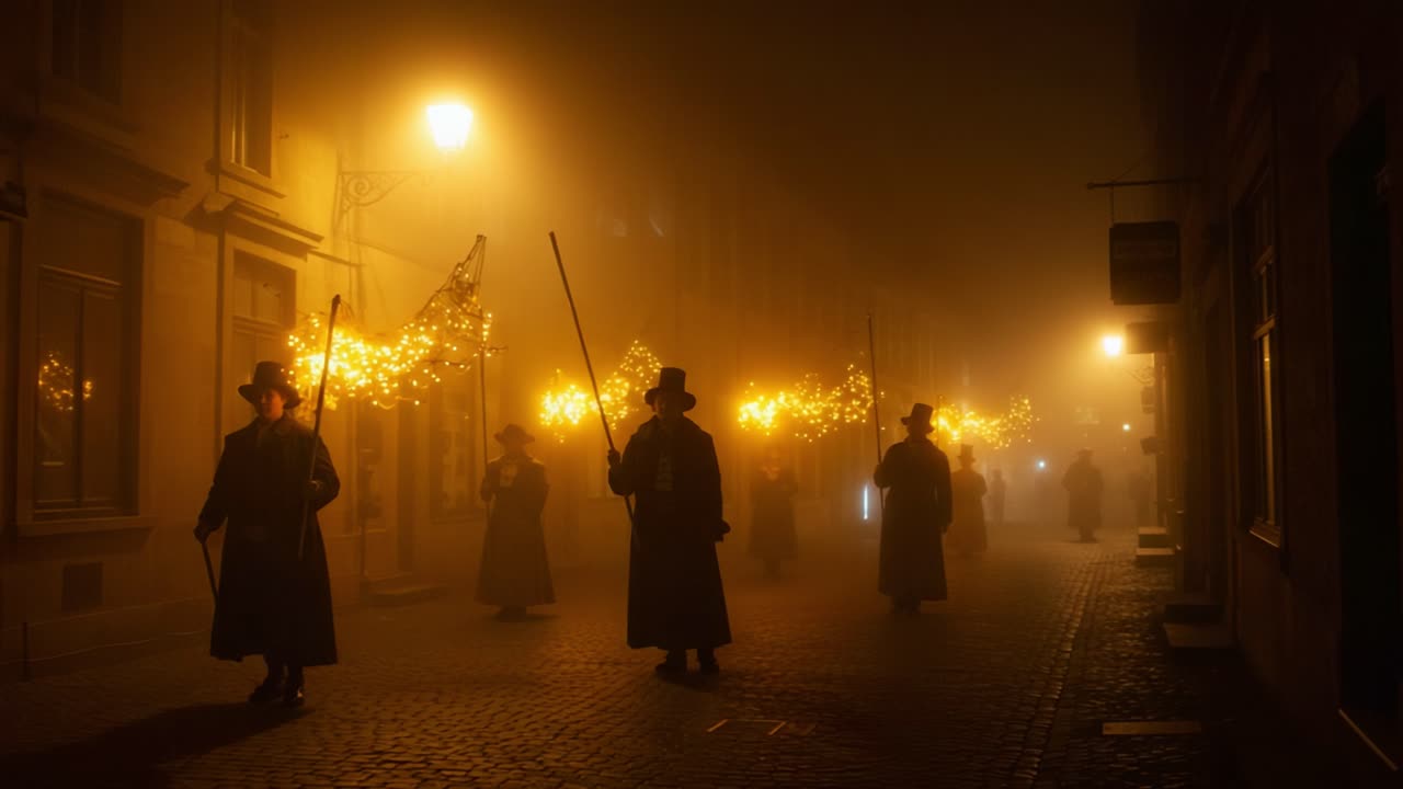 Mysterious Figures in Foggy Street: An Enigmatic Atmosphere with Lanterns Illuminating a Historic Night Scene Captivating Shadows and Silhouettes