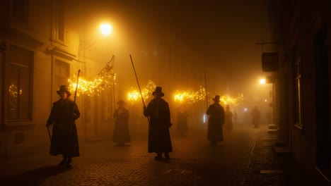 mysterious figures in foggy street: an enigmatic atmosphere with lanterns illuminating a historic night scene captivating shadows and silhouettes