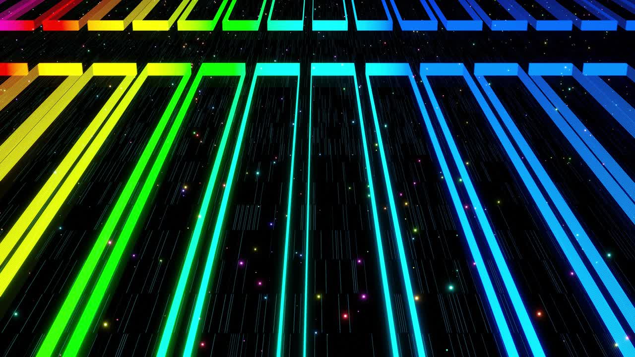 vj abstracto ciencia ficción futurista bg. volar sobre holograma multicapa 3d patrón complejo. gradiente de color arco iris de luz de neón. vista isométrica. formas simples patrón periódico. como en la cinta transportadora. rectángulos