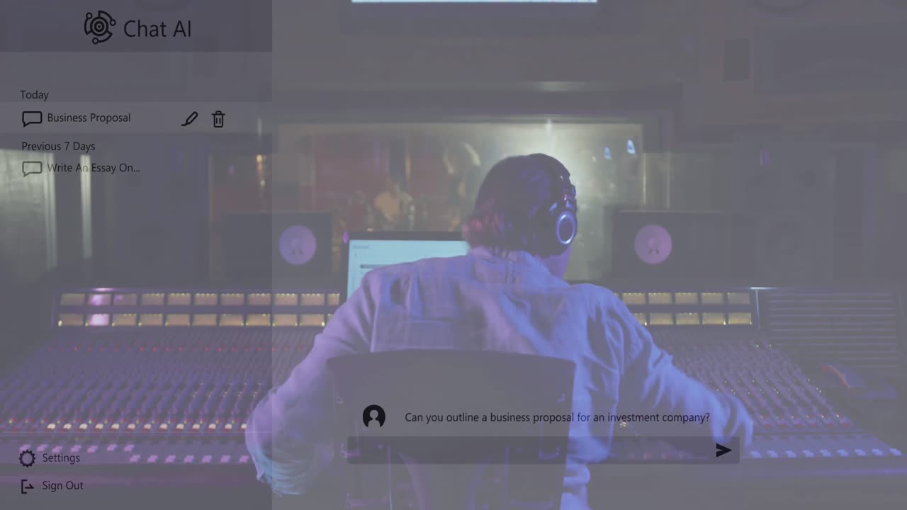 Logo AI di chat e testo della conversazione su un tecnico del suono maschio caucasico alla console di missaggio di uno studio