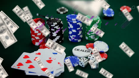 Animation-Von-Violetten-Lichtspuren-Und-Dollarnoten-über-Spielkarten-Und-Pokerchips-Auf-Dem-Tisch