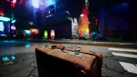 abandoned suitcase in a cyberpunk city