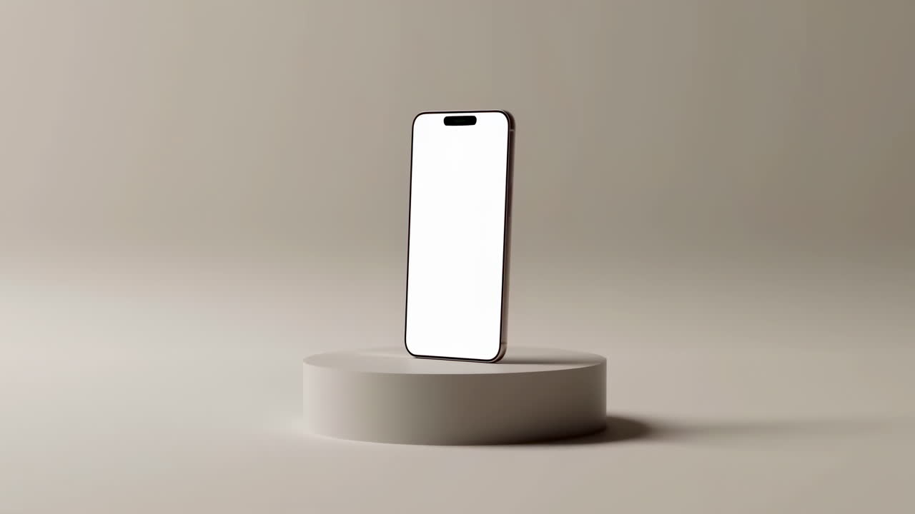 Mockup minimale di smartphone su piedistallo in studio neutro, telefono fluttuante con display bianco vuoto, con un'illuminazione soffusa.