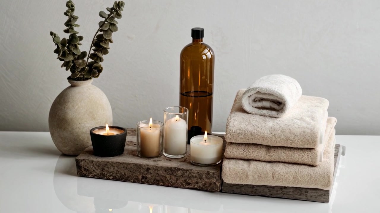 Allestimento spa rilassante con candele tremolanti, asciugamani ed eucalipto.